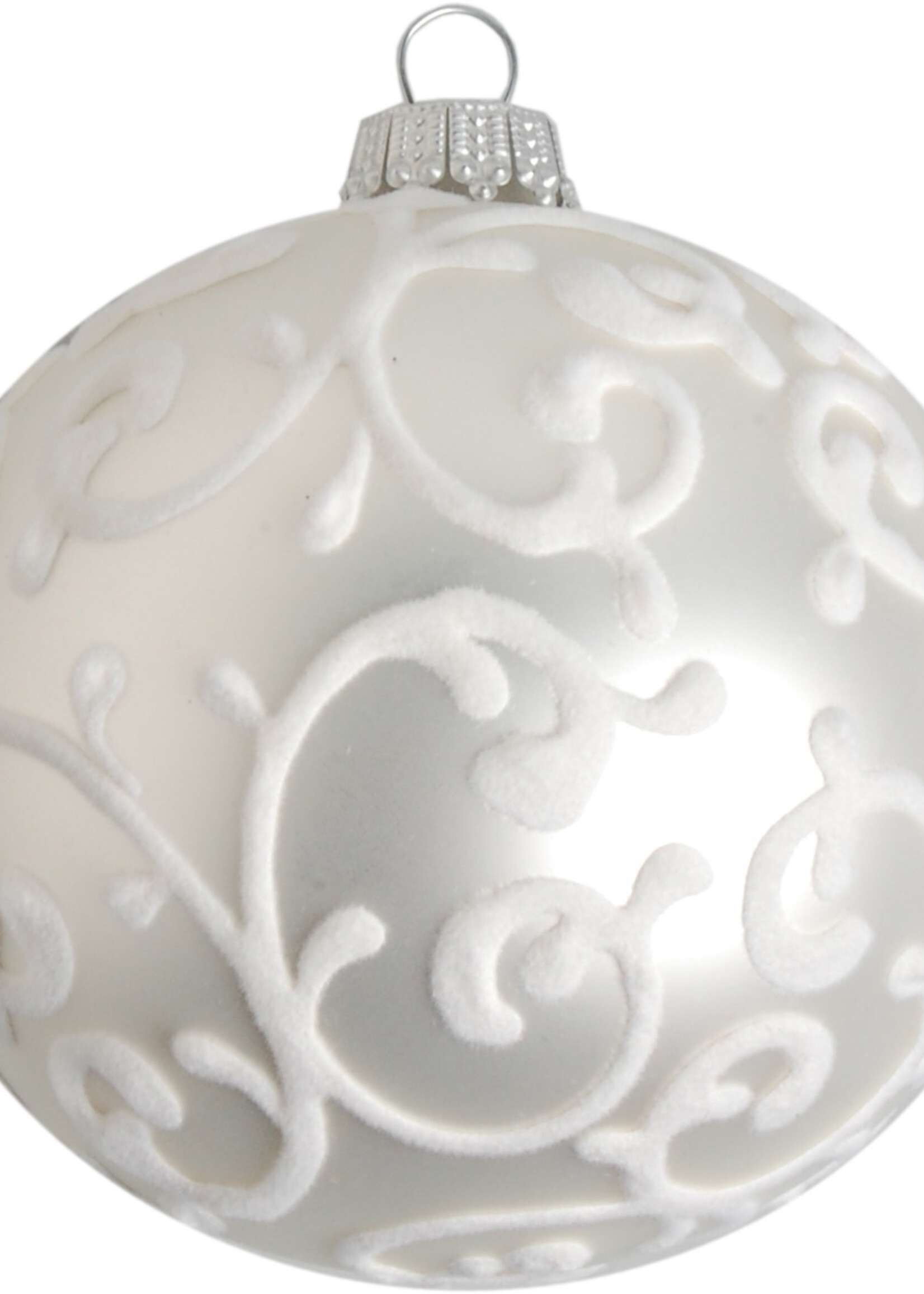 Krebs Glas Lauscha Glazen zilveren kerstbal (mat) met wit fluwelen design 8 cm