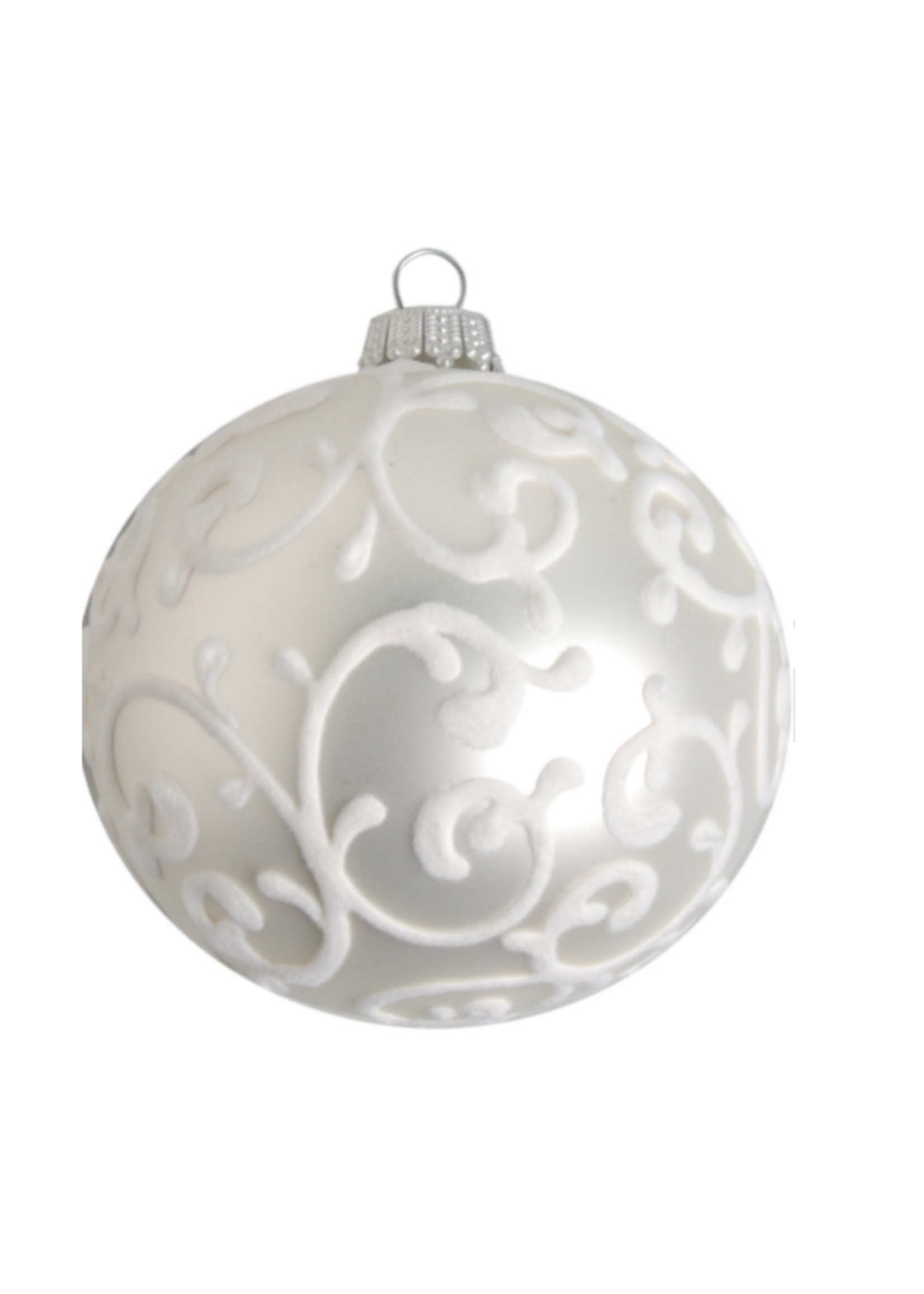 Krebs Glas Lauscha Glazen zilveren kerstbal (mat) met wit fluwelen design 8 cm