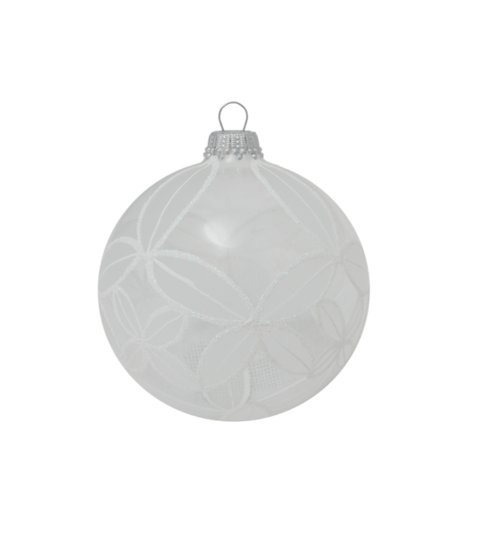 Krebs Glas Lauscha Glazen kerstbal transparant met chique wit design 8 cm