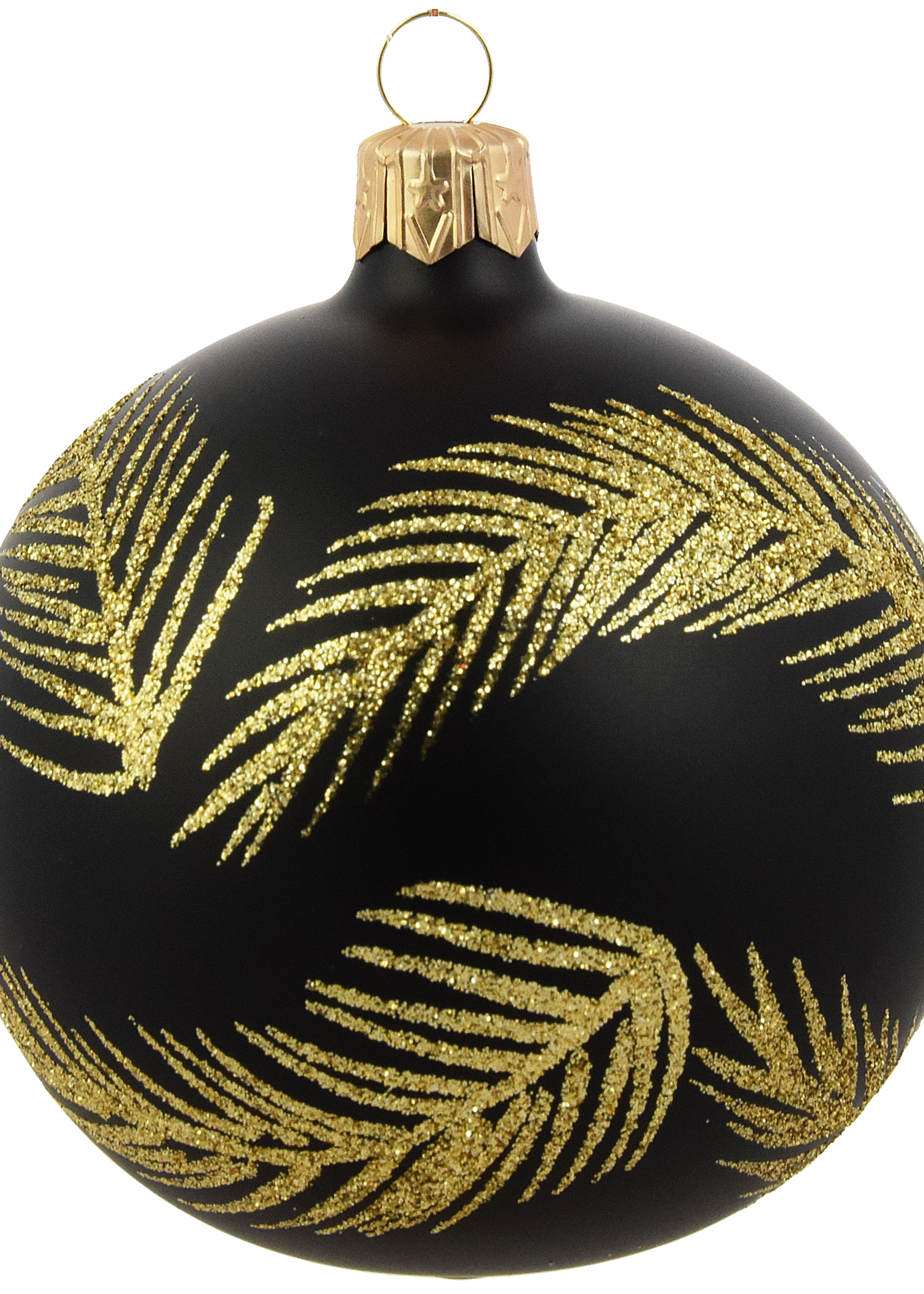 Kerstbal zwart glanzend met gouden glitter veren decoratie 8 cm - set van drie