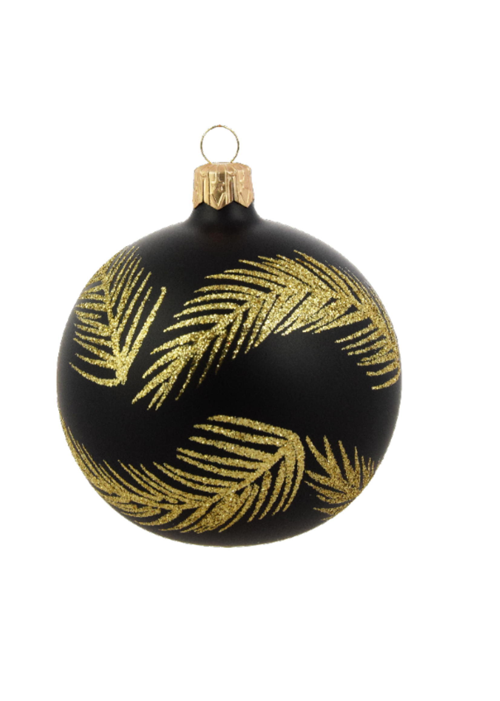 Kerstbal zwart glanzend met gouden glitter veren decoratie 8 cm - set van drie
