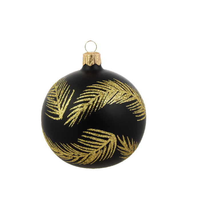 Kerstbal zwart glanzend met gouden glitter veren decoratie 8 cm - set van drie