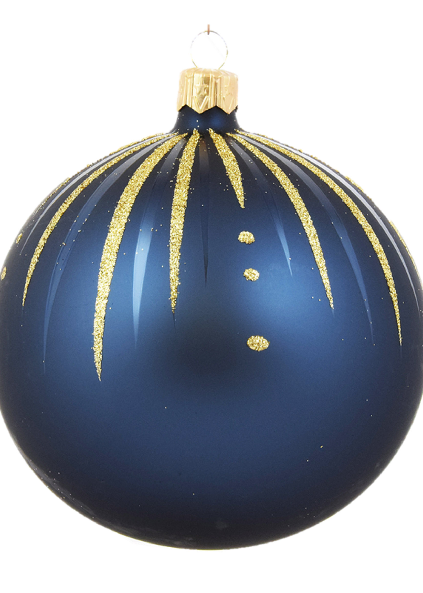 Set van 3 matte kerstballen blauw met gouden glitter streepjes decoratie 8 cm