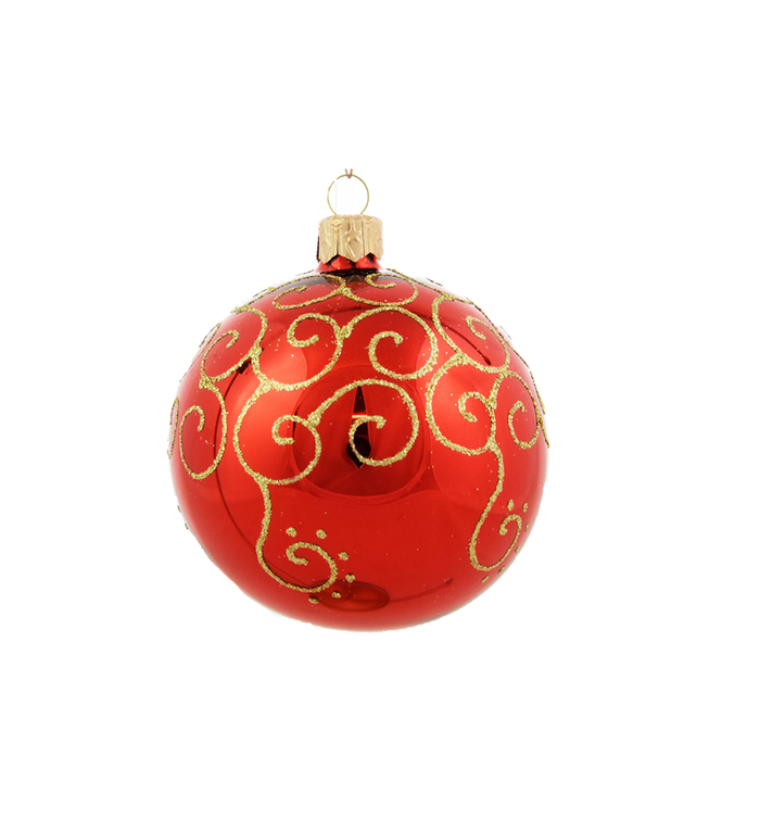 Set van 3 glanzende kerstballen rood met gouden krul decoratie van glas - 8 cm