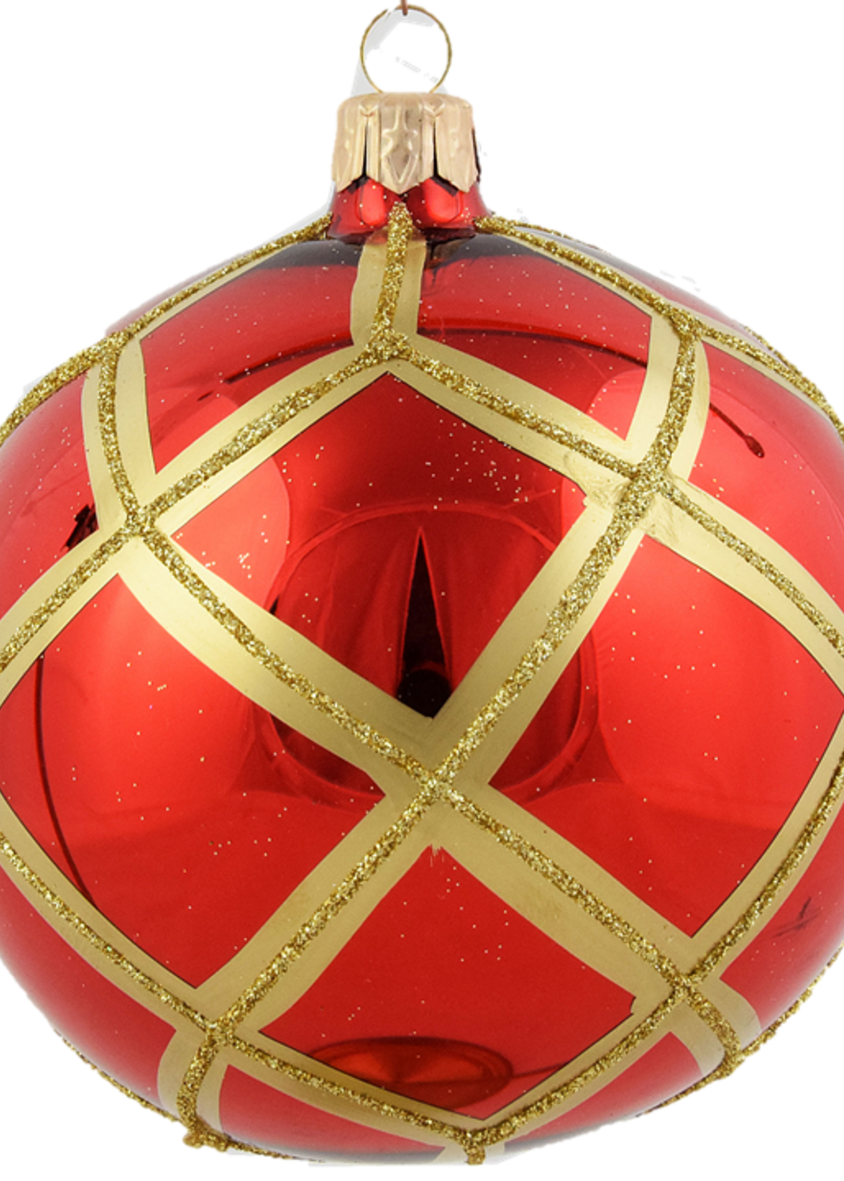 Set van 3 glanzende kerstballen rood met gouden glitter ruitennet decoratie 8 cm