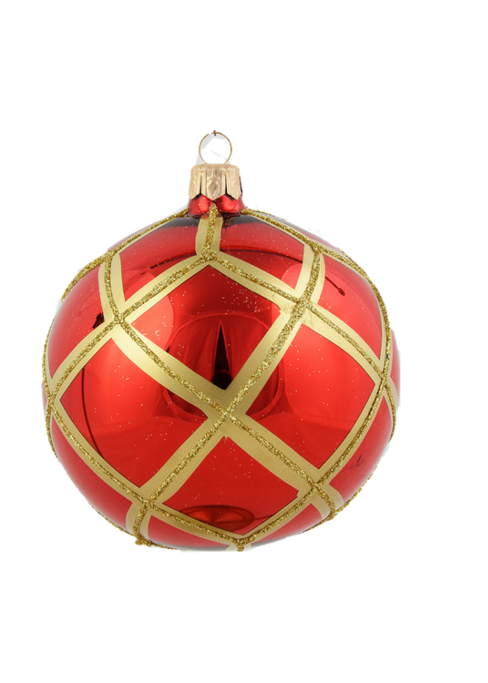 Set van 3 glanzende kerstballen rood met gouden glitter ruitennet decoratie 8 cm