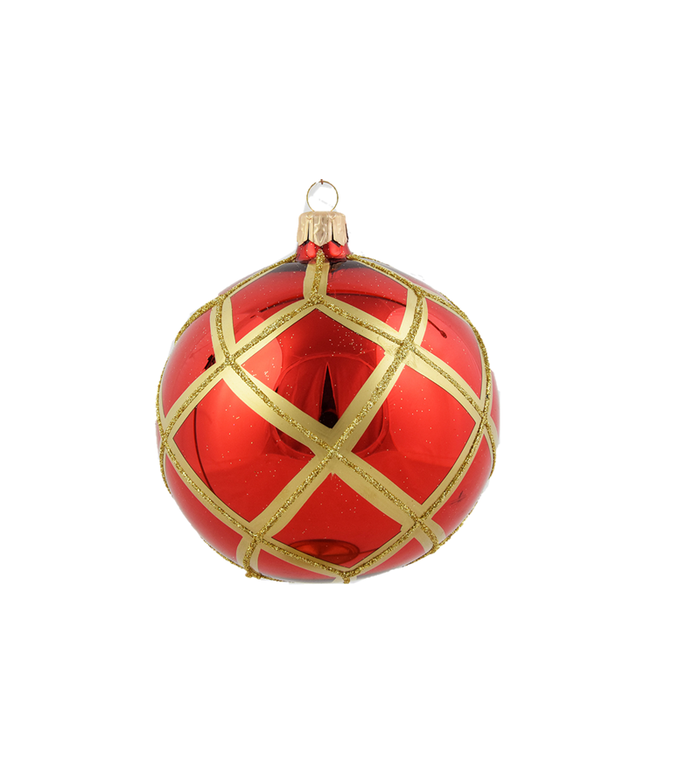 Set van 3 glanzende kerstballen rood met gouden glitter ruitennet decoratie 8 cm