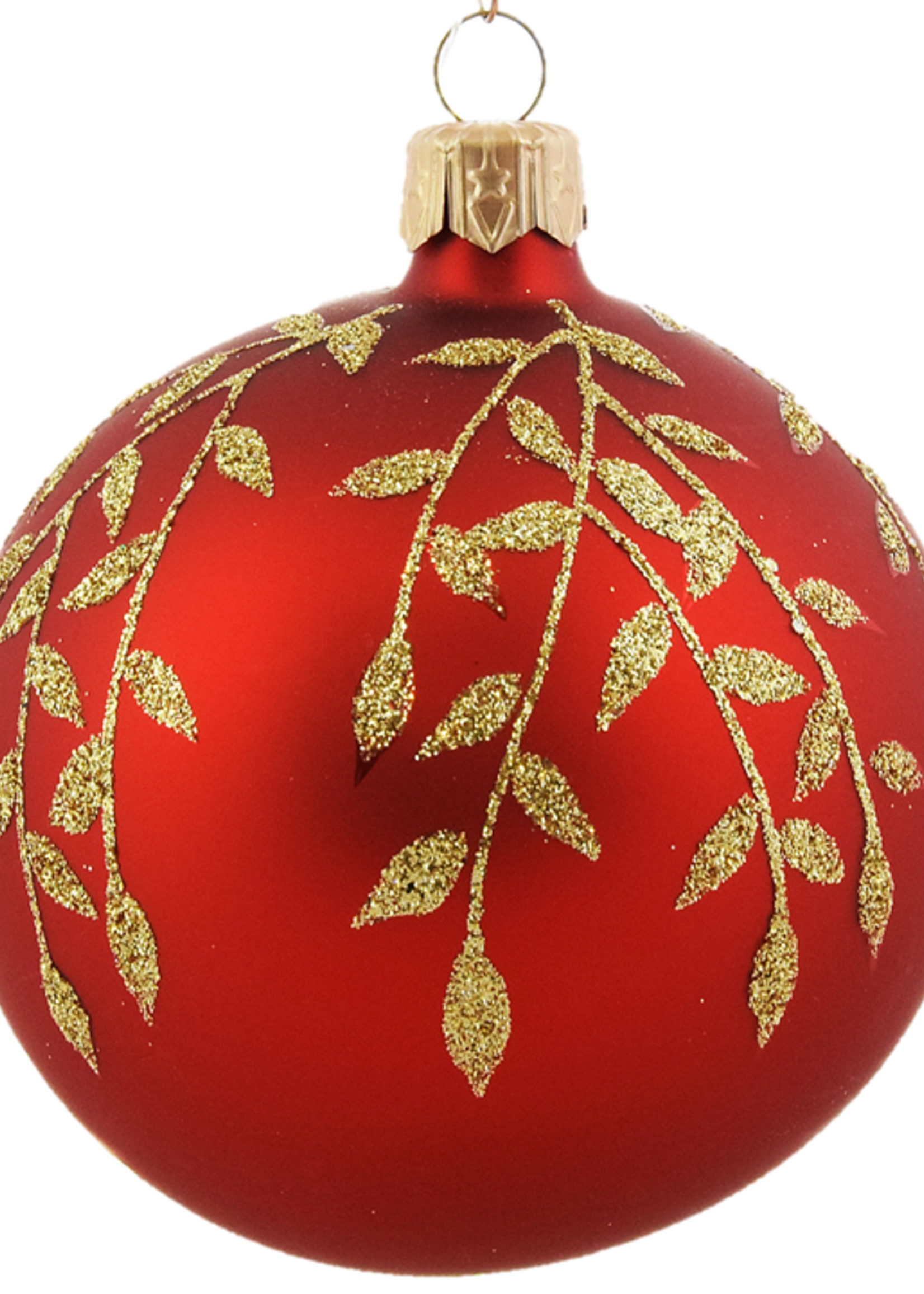Set van 3 matte kerstballen rood met gouden blaadjes decoratie 8 cm