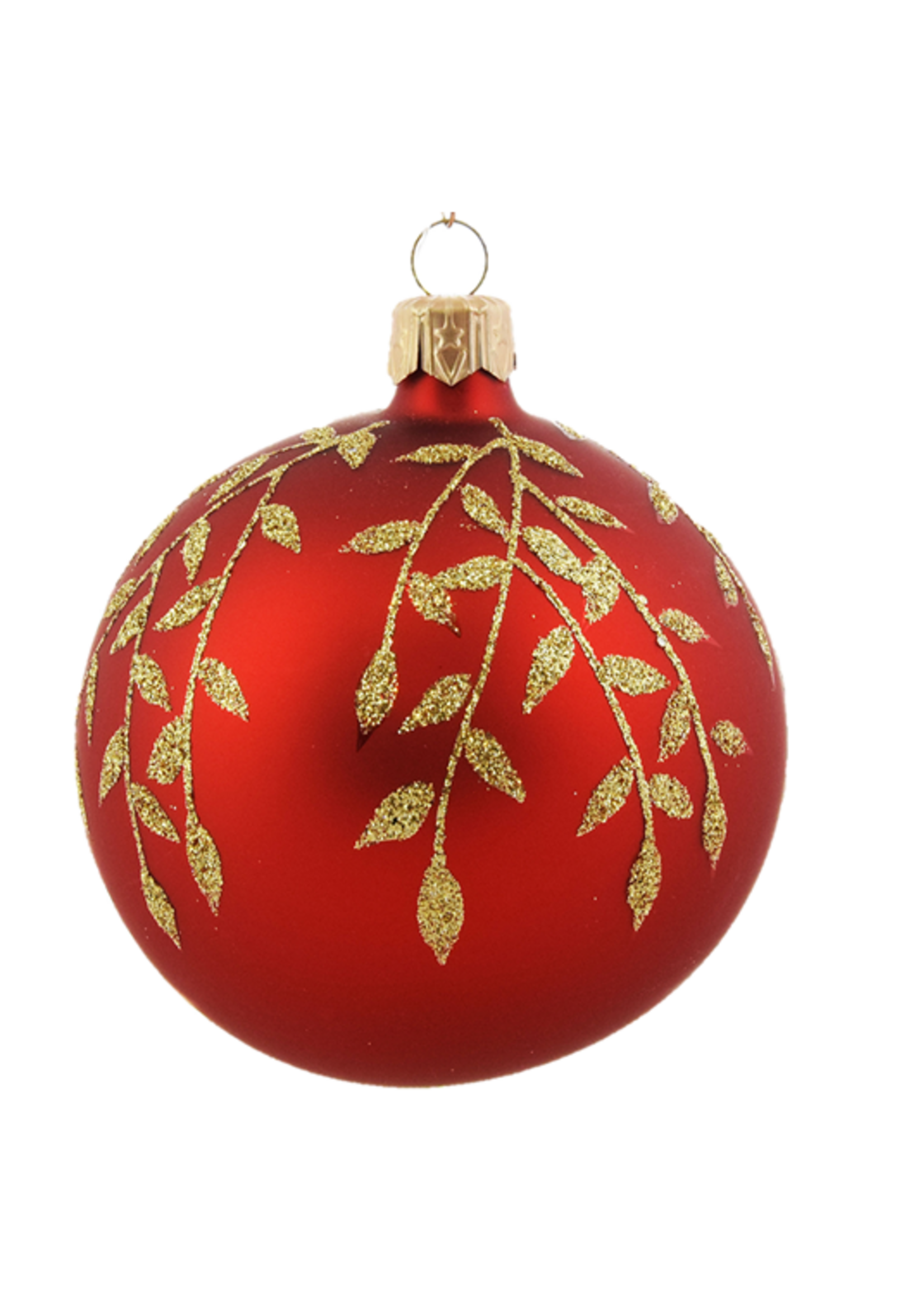 Set van 3 matte kerstballen rood met gouden blaadjes decoratie 8 cm