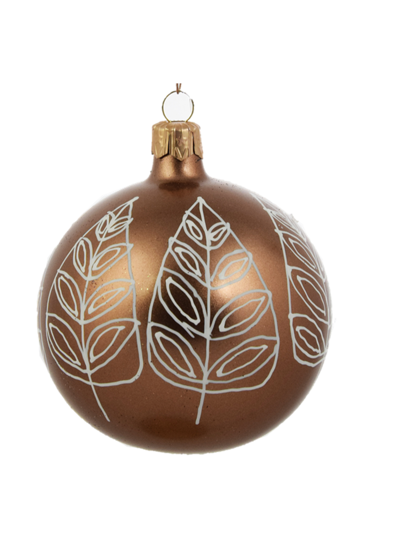 Set van 3 kerstballen bruin met witte bladeren decoratie 8 cm
