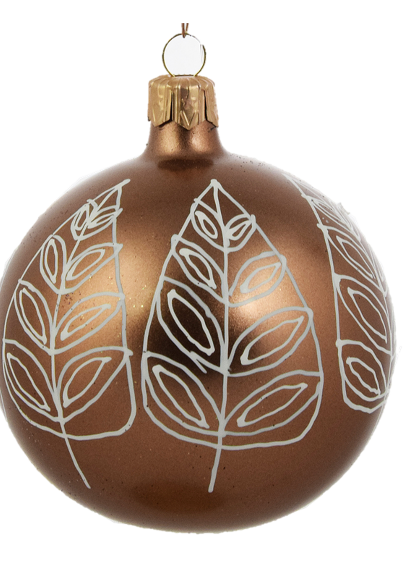 Set van 3 kerstballen bruin met witte bladeren decoratie 8 cm