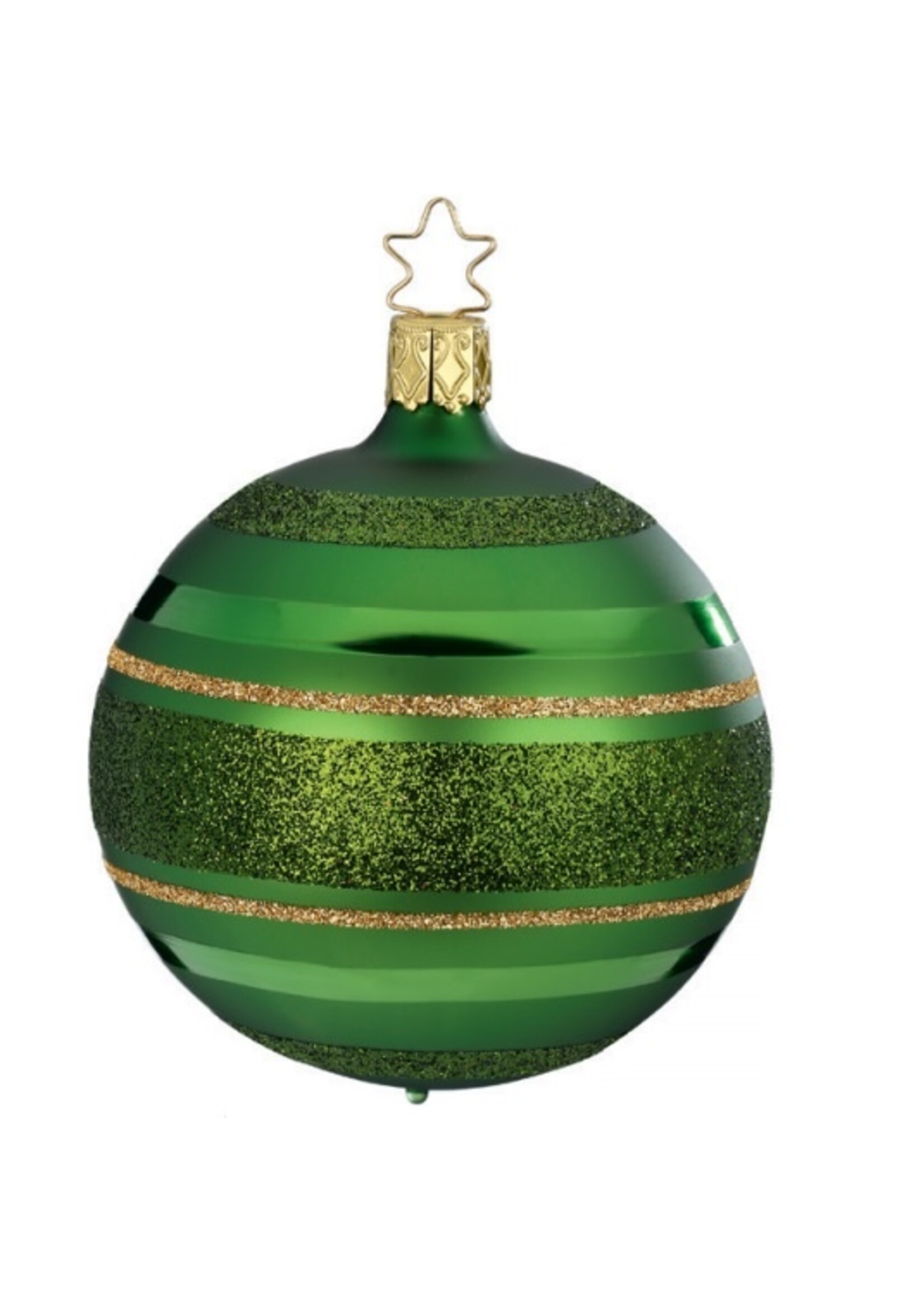 Inge Glas Manufaktur Spar groene kerstbal met gouden en groene glitterlijnen 8 cm