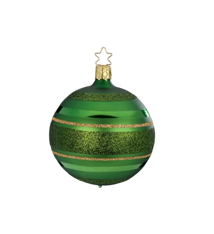 Inge Glas Manufaktur Spar groene kerstbal met gouden en groene glitterlijnen 8 cm