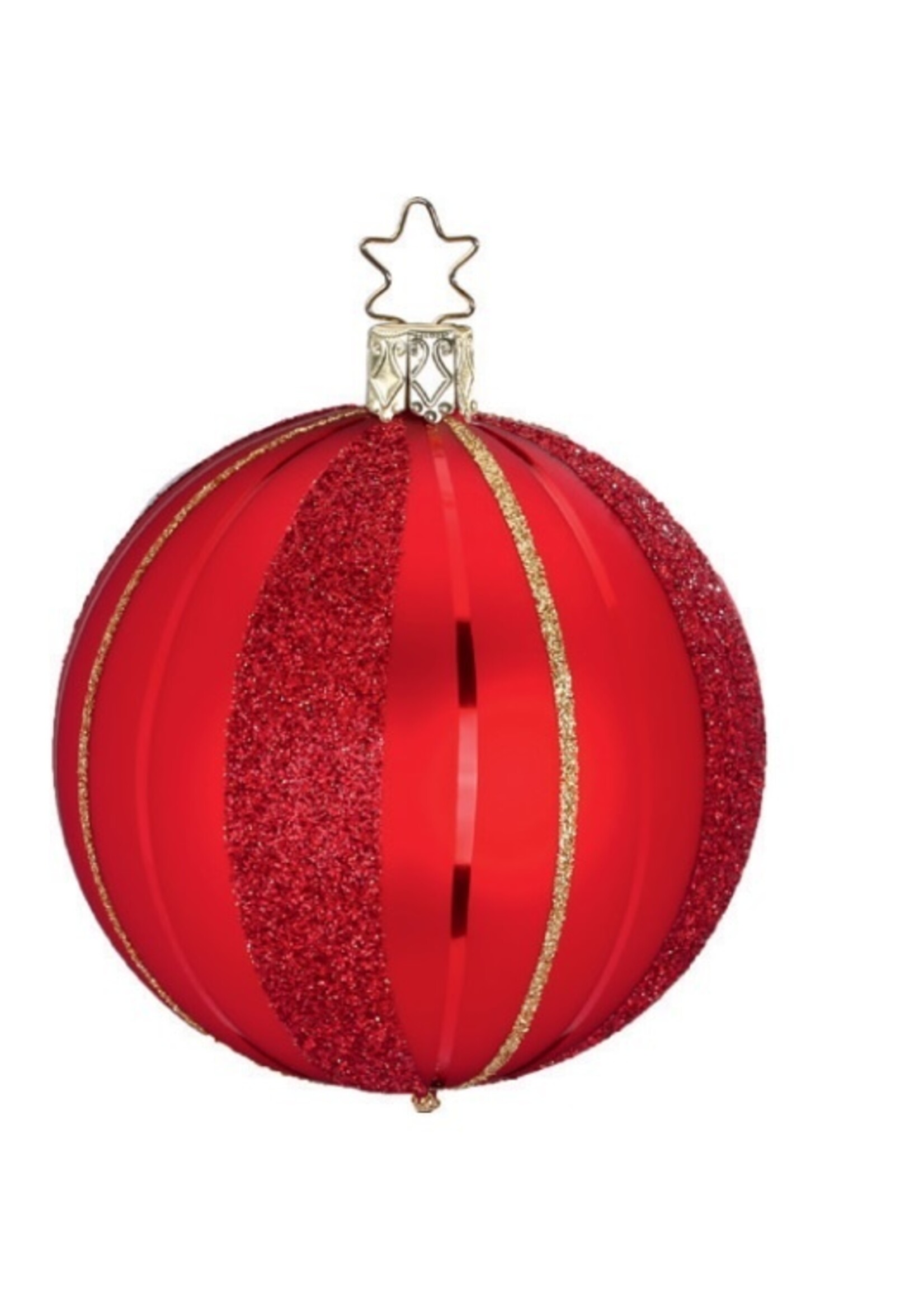 Inge Glas Manufaktur Rode kerstbal met gouden en rode glitter strepen 8 cm