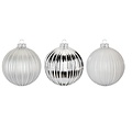 Set van 3 - Glazen kerstballen wit en zilver met een ribbeltje 8 cm