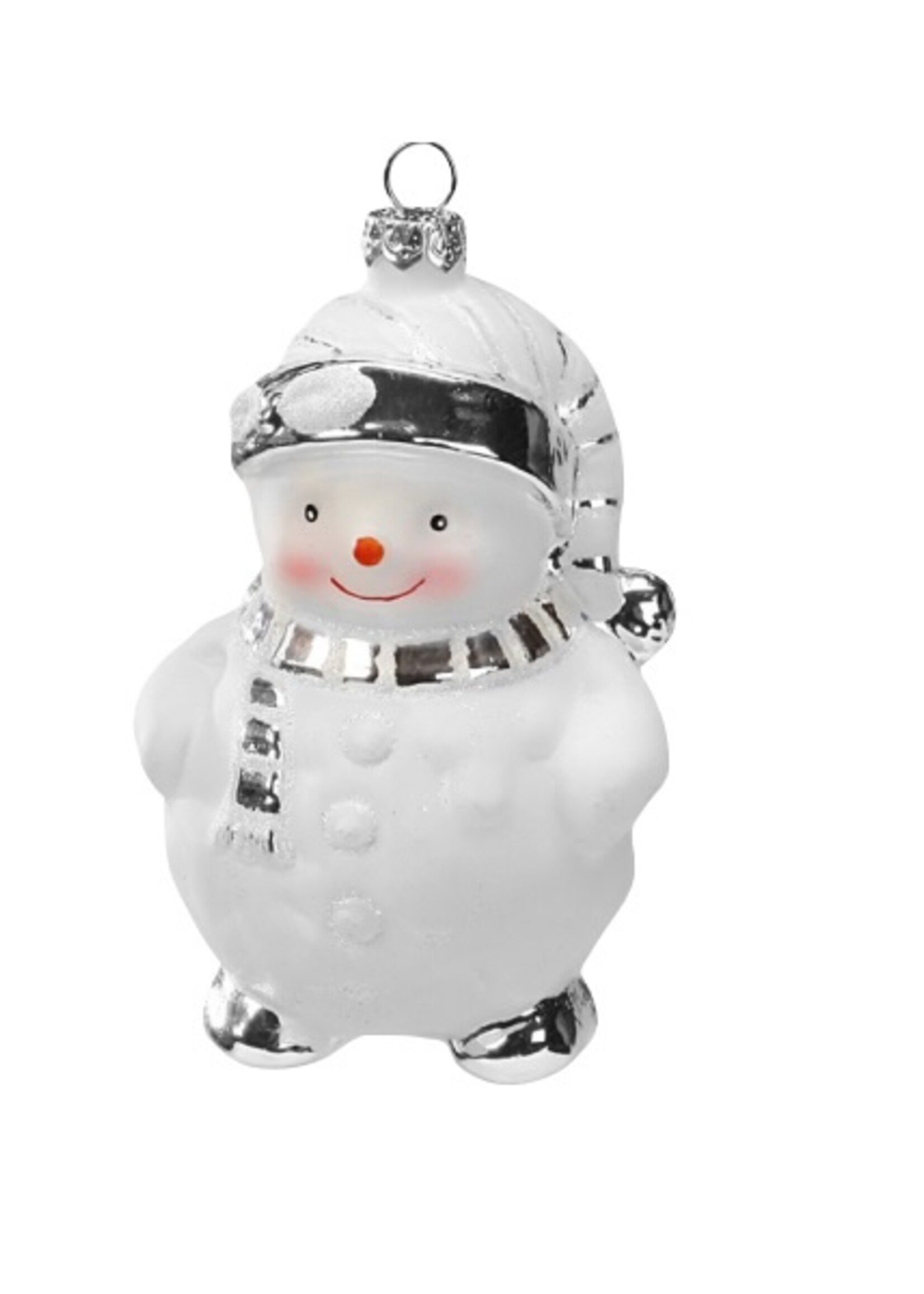 Glazen witte en zilveren sneeuwpop kerstboomdecoratie figuur 11 cm