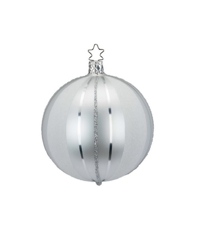 Inge Glas Manufaktur Handgemaakte zilveren kerstbal met zilveren glitter strepen 8 cm