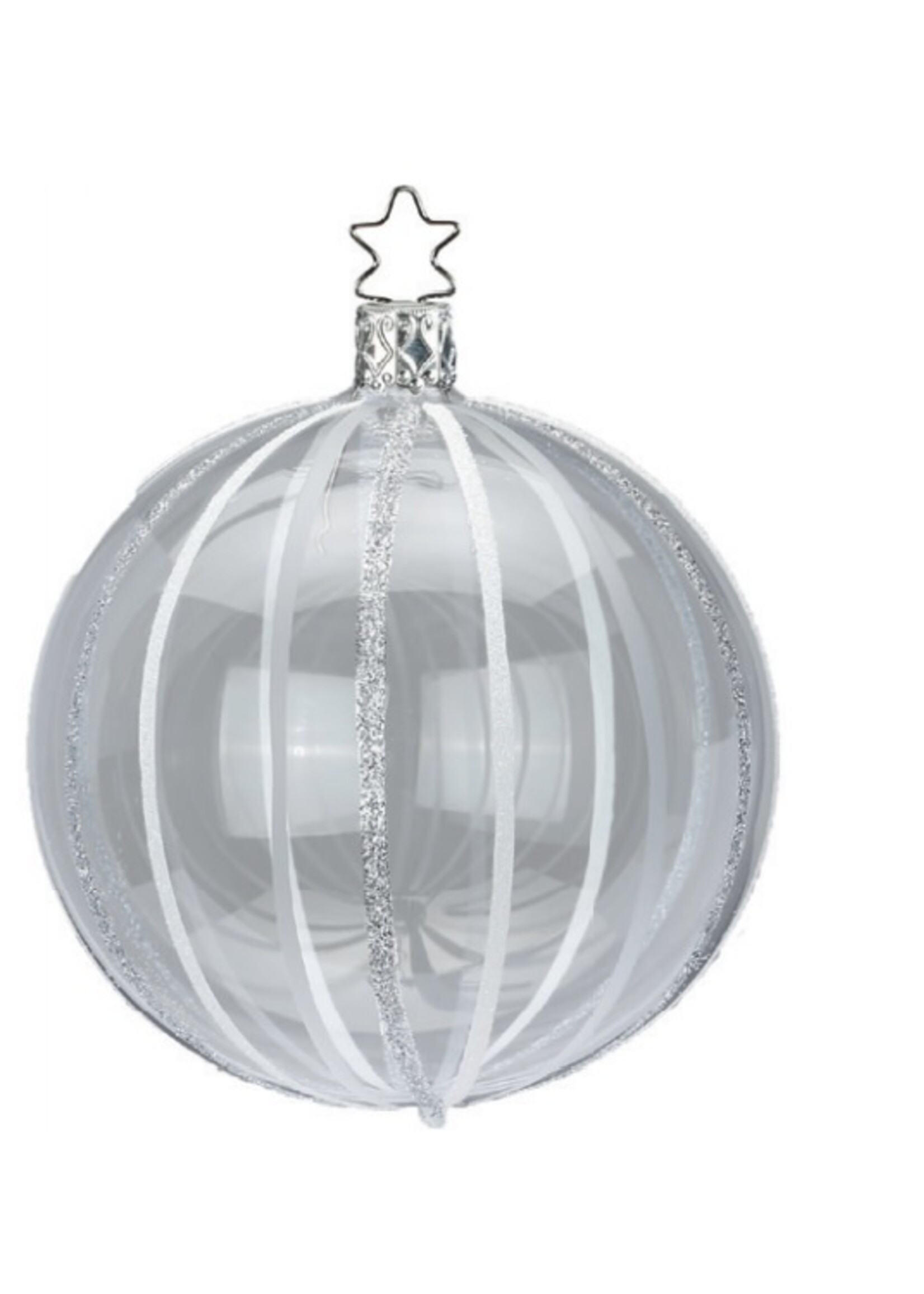 Inge Glas Manufaktur Handgemaakte transparante kerstbal met zilveren en witte lijnen 8 cm