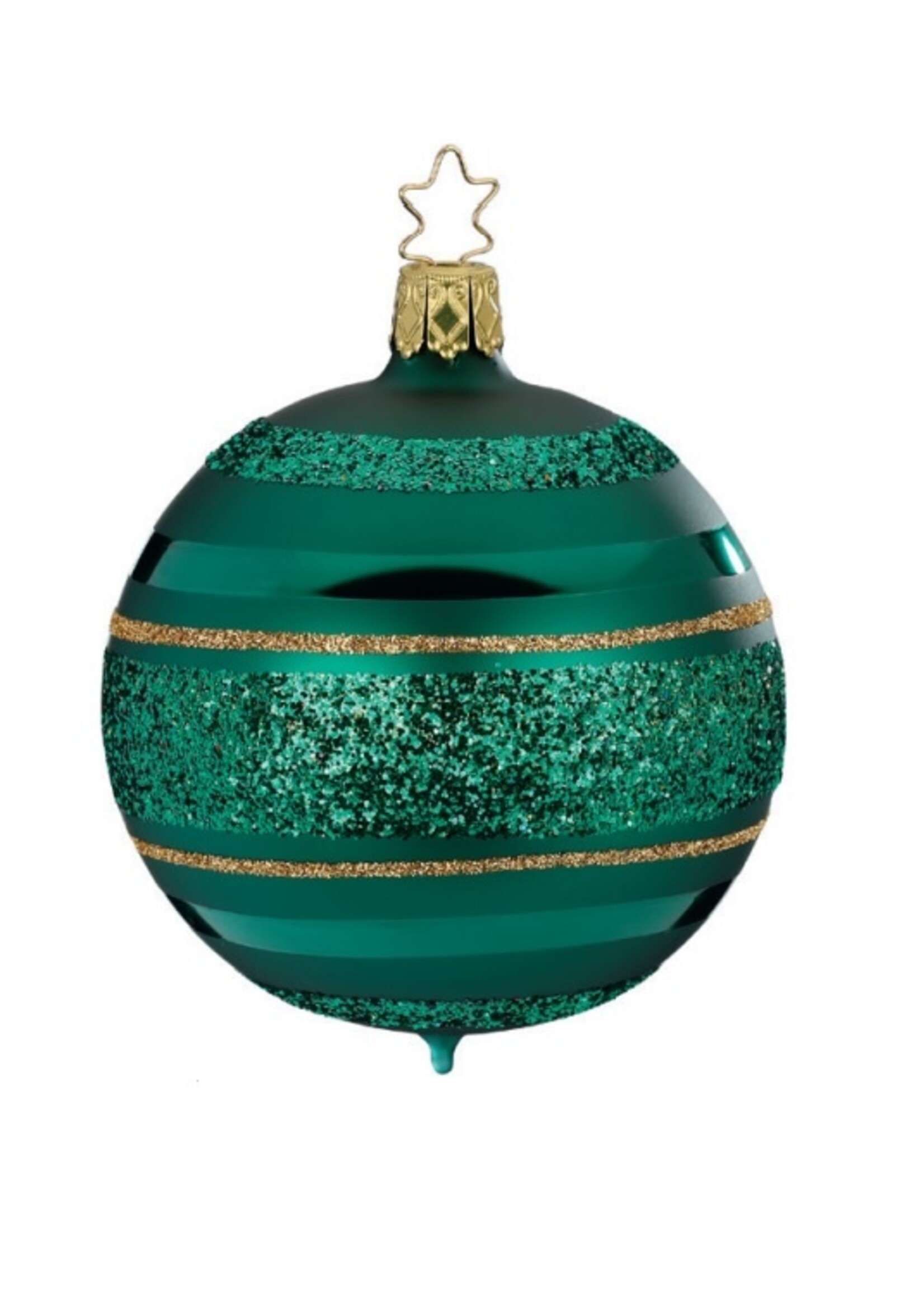 Inge Glas Manufaktur Bos groene kerstbal met gouden en groene glitterlijnen 8 cm