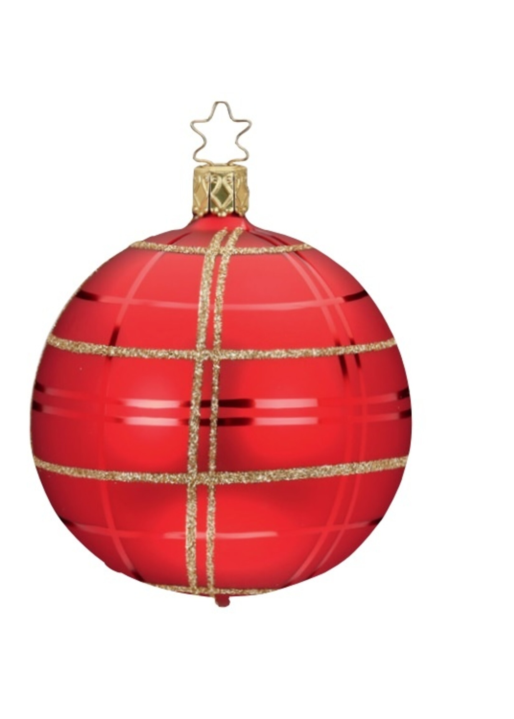 Inge Glas Manufaktur Rode en gouden kerstbal chique geruit 8 cm - handgemaakt in Duitsland