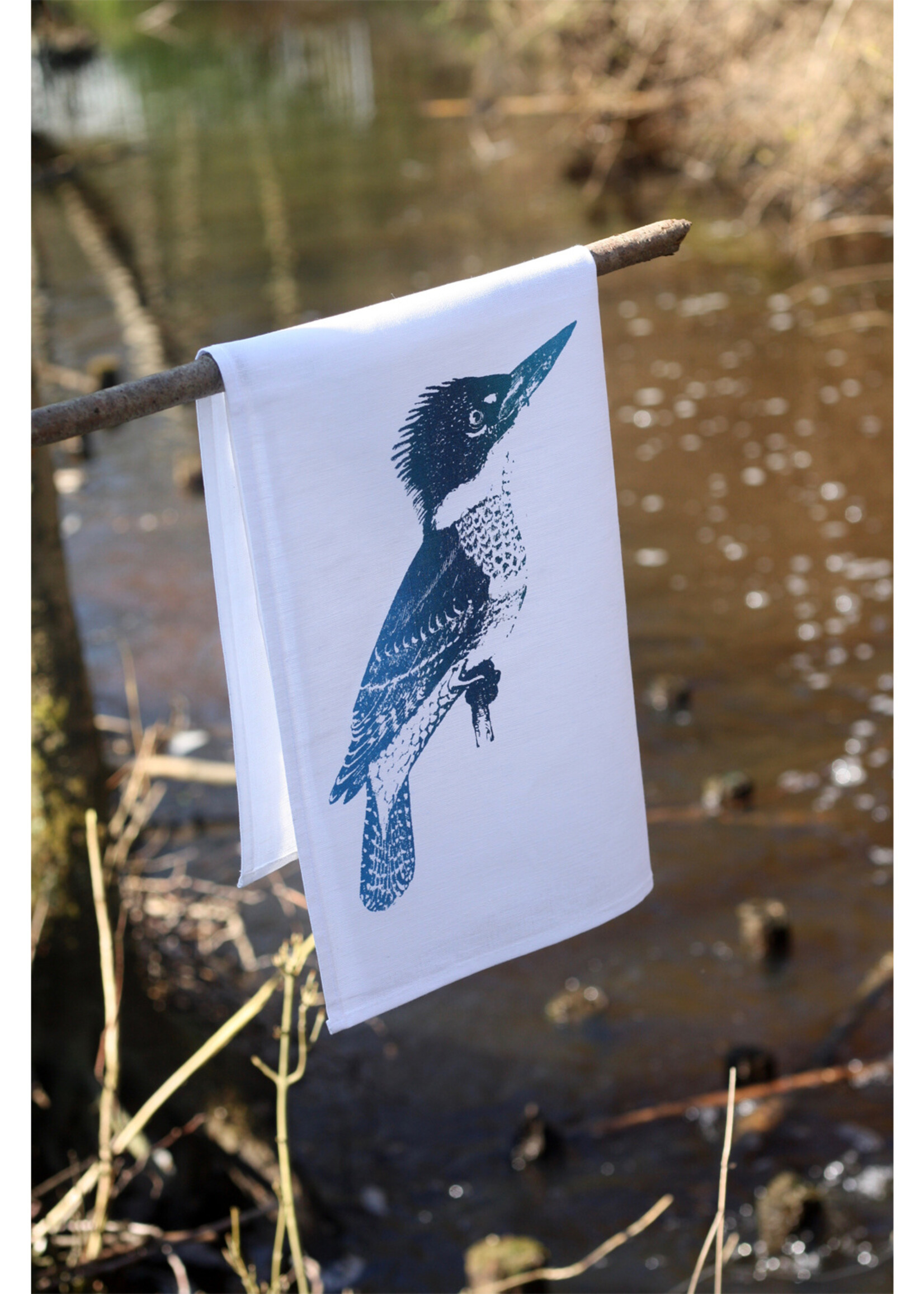 Frohstoff halflinnen theedoek met blauwgroene ijsvogels