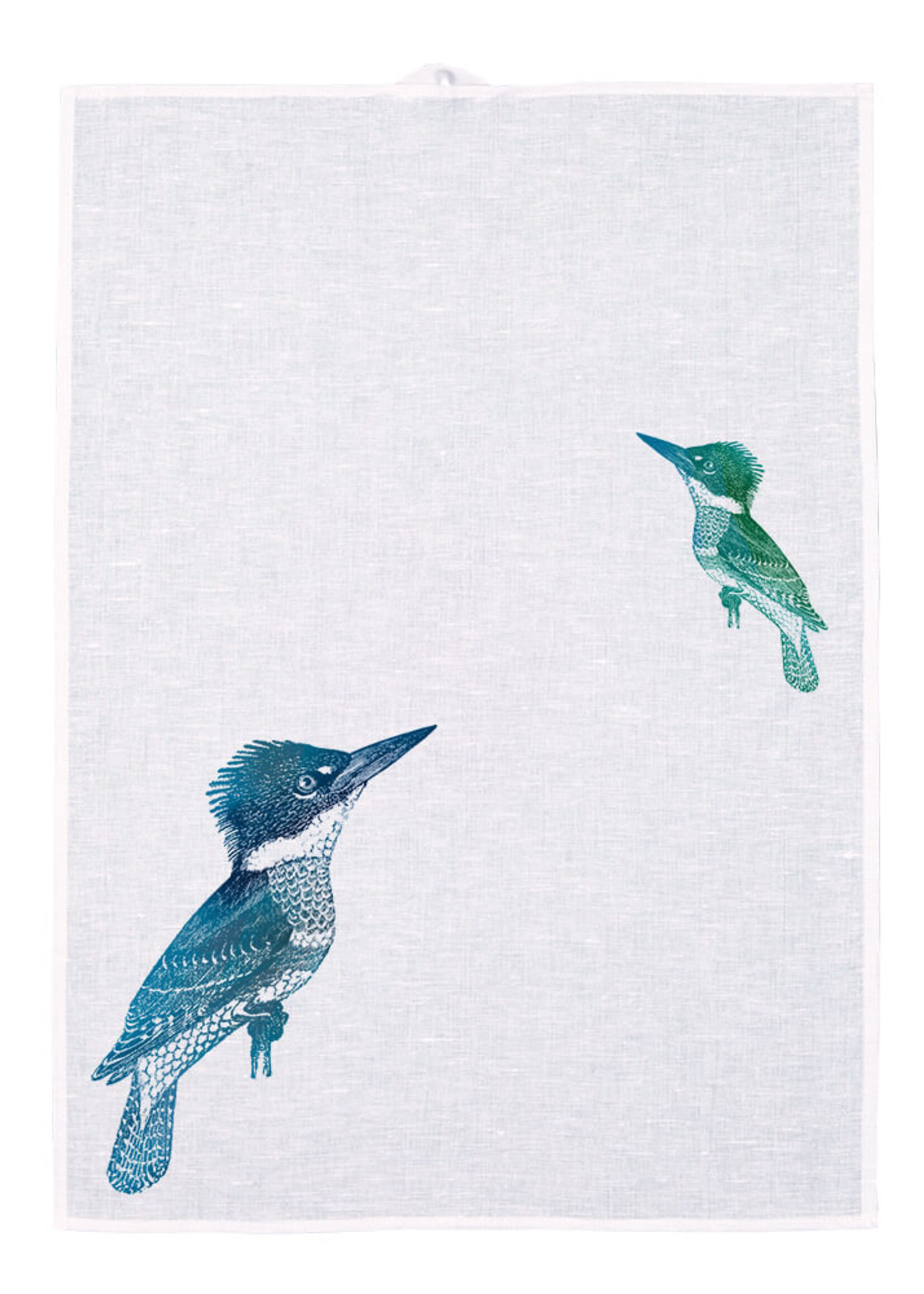 Frohstoff halflinnen theedoek met blauwgroene ijsvogels