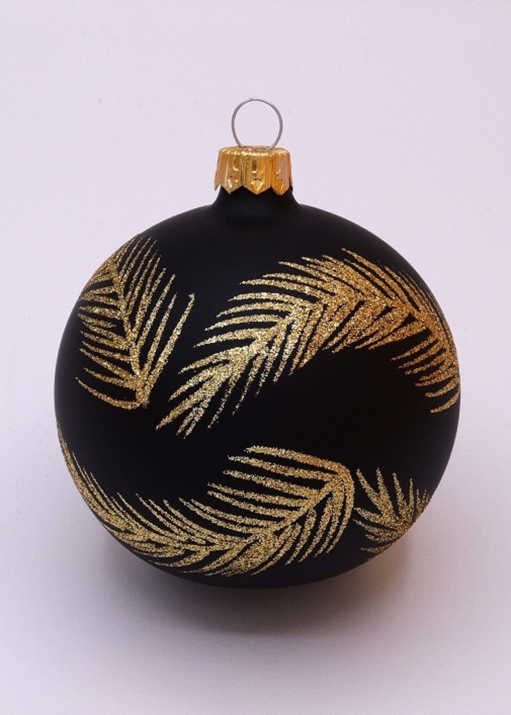 Kerstbal zwart glanzend met gouden glitter veren decoratie 8 cm - set van drie