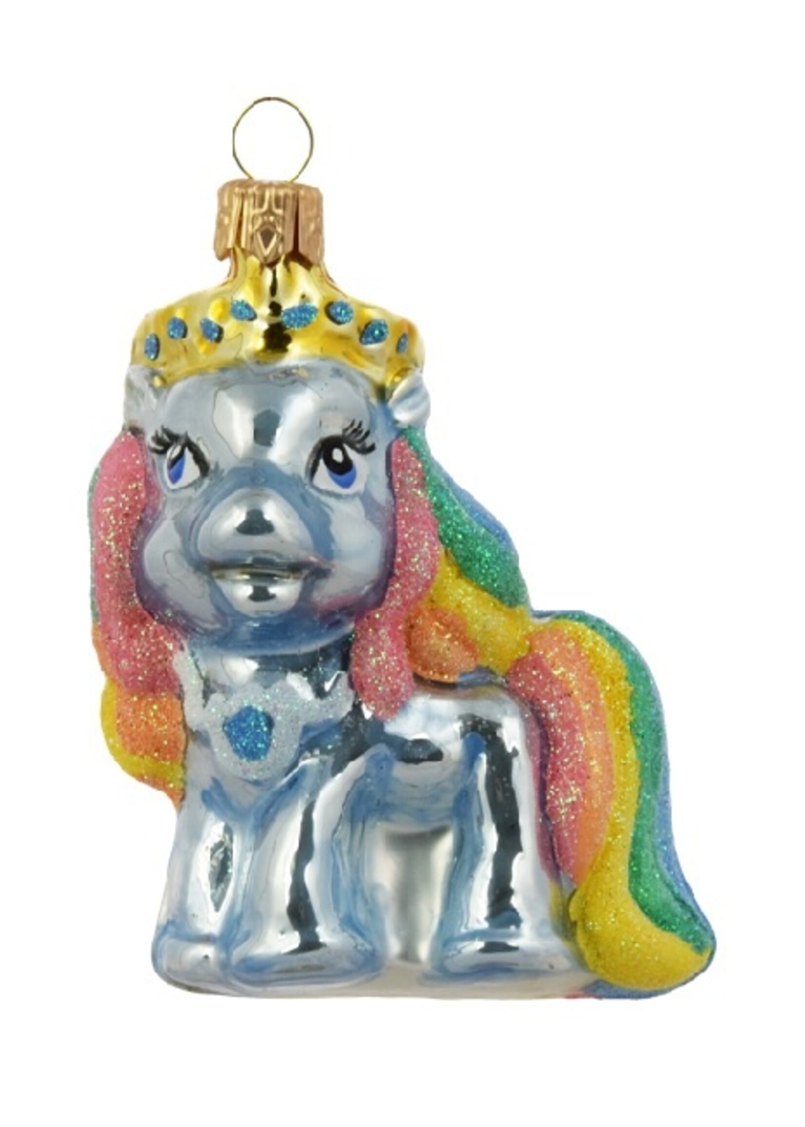 Mini pony blauw met regenboog manen - kerstboomdecoratie van glas - 7 cm