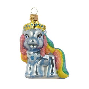 Blauwe Pony met Regenboog Manen Kersthanger 7 cm