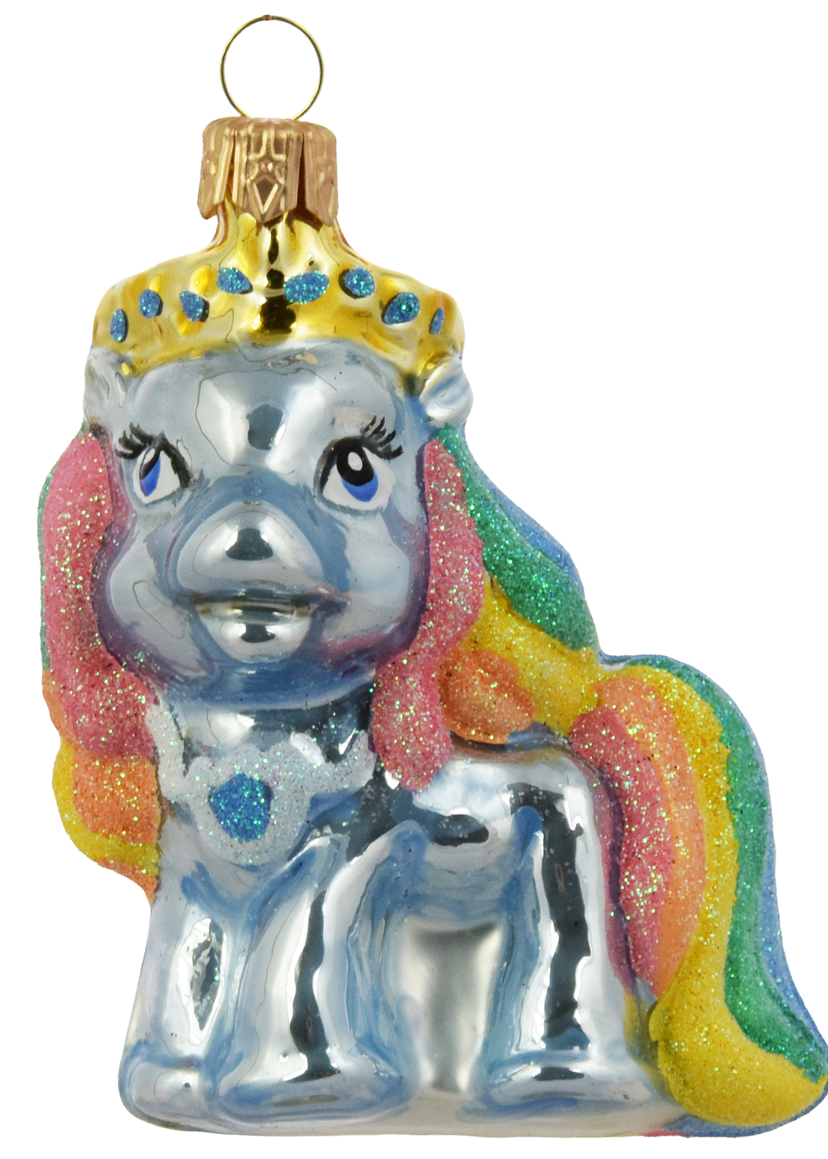 Mini pony blauw met regenboog manen - kerstboomdecoratie van glas - 7 cm