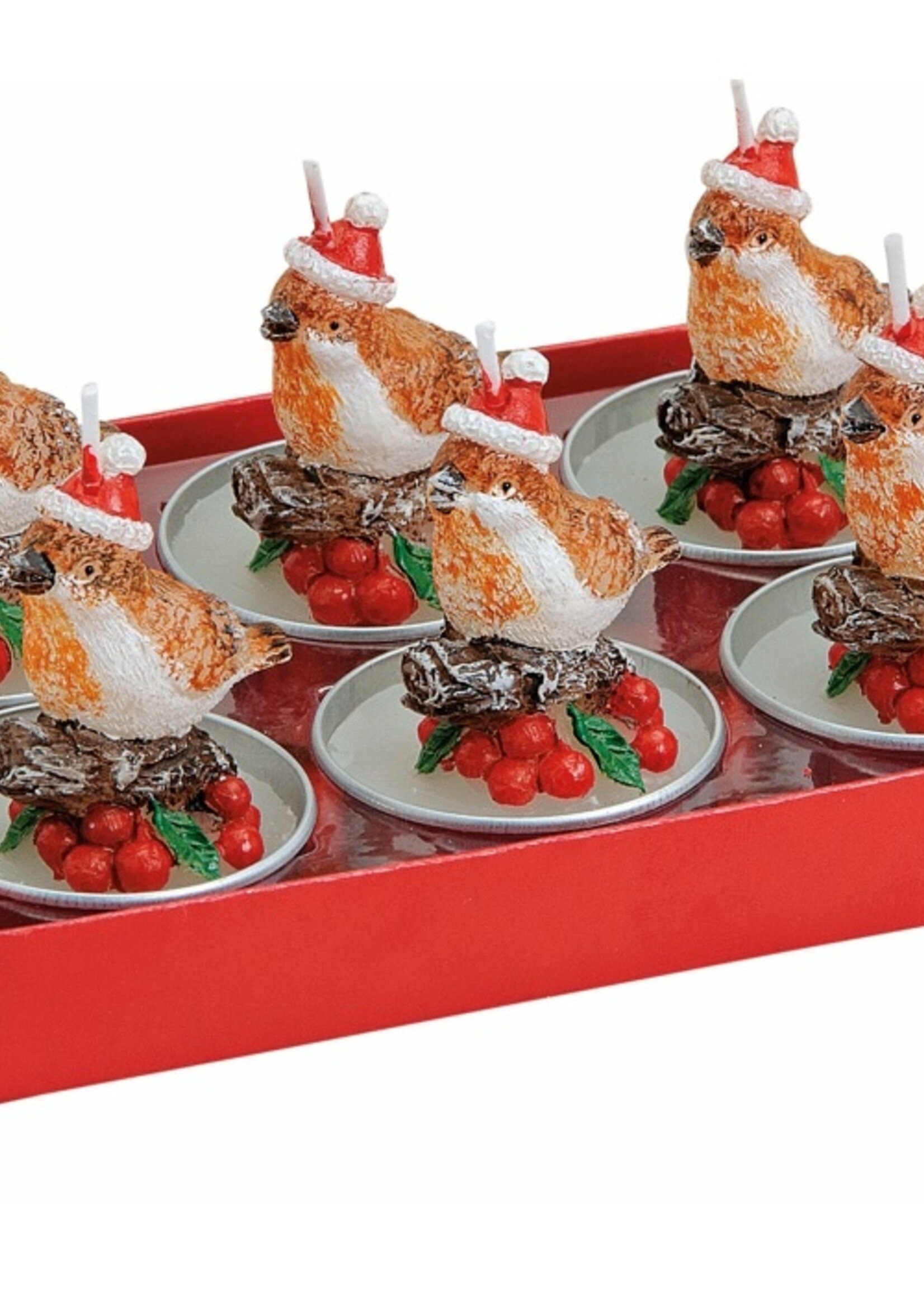 Doosje met 6 met waxinelichtjes vogeltjes met kerstmuts