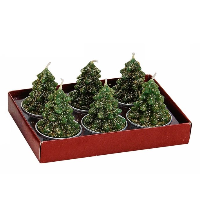 Set van 6  groene kerstboompjes waxinekaarsjes