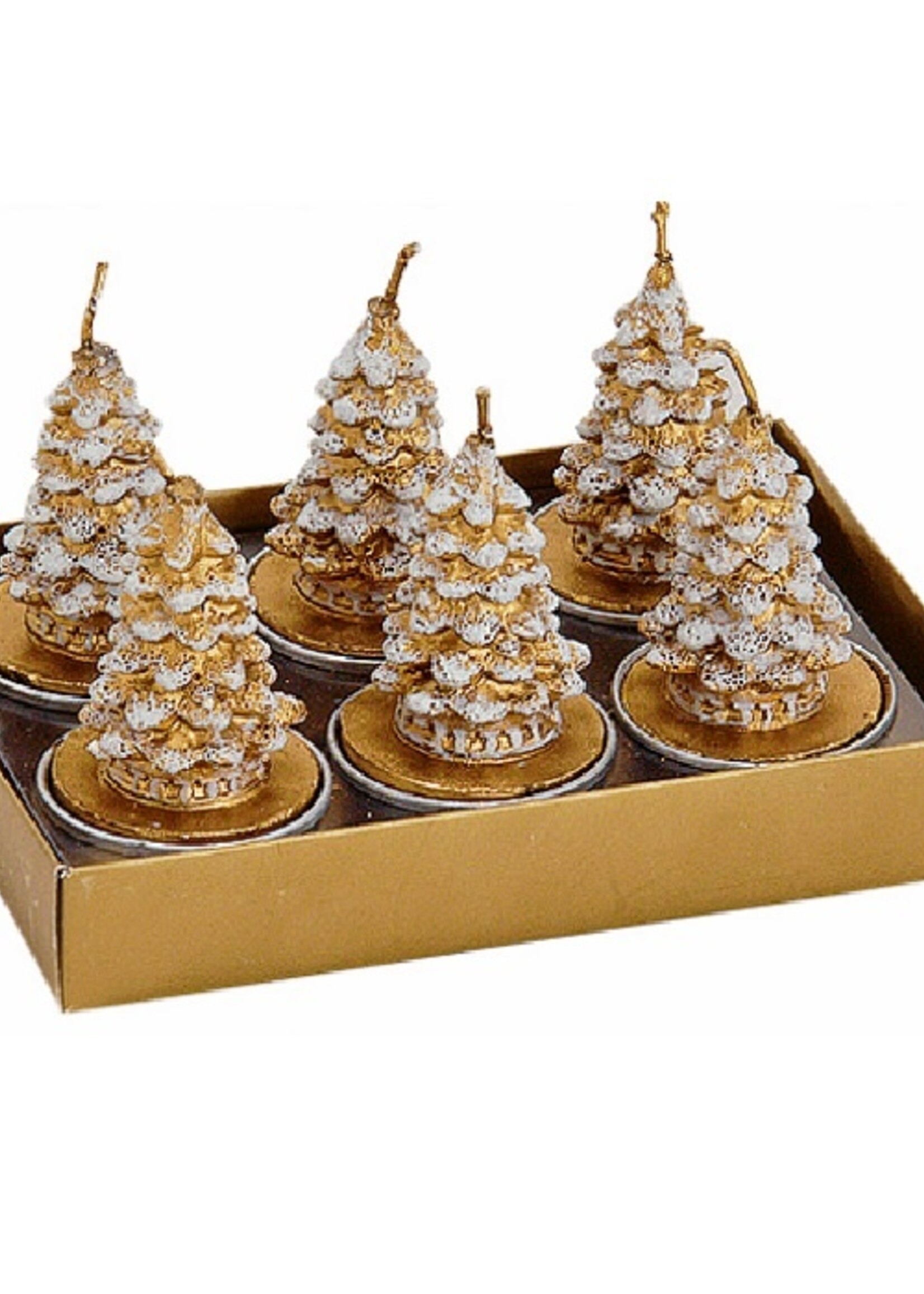 Set van 6  gouden kerstboompjes waxinekaarsjes met sneeuw