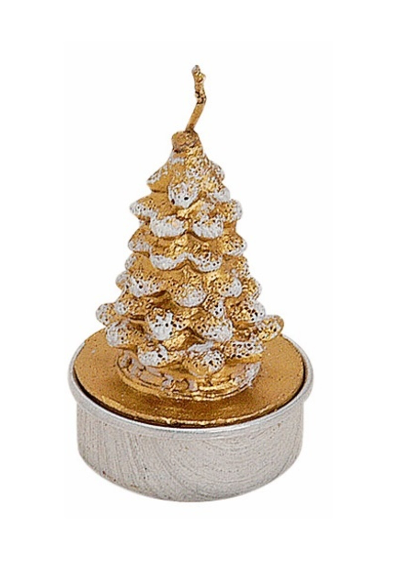 Set van 6  gouden kerstboompjes waxinekaarsjes met sneeuw