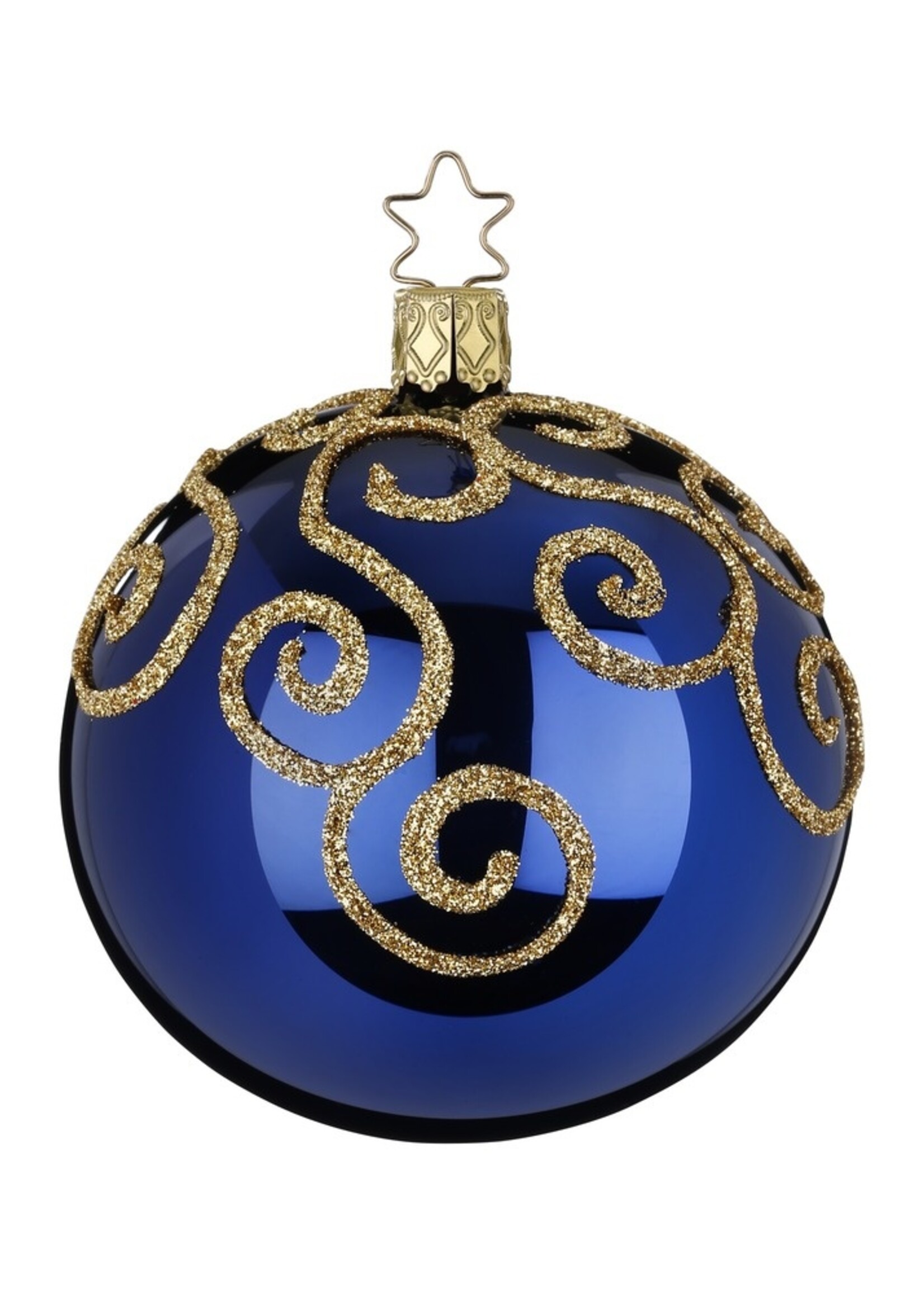 Inge Glas Manufaktur Donker blauwe glanzende kerstbal met gouden engelenkrullen  8 cm - handgemaakt in Duitsland