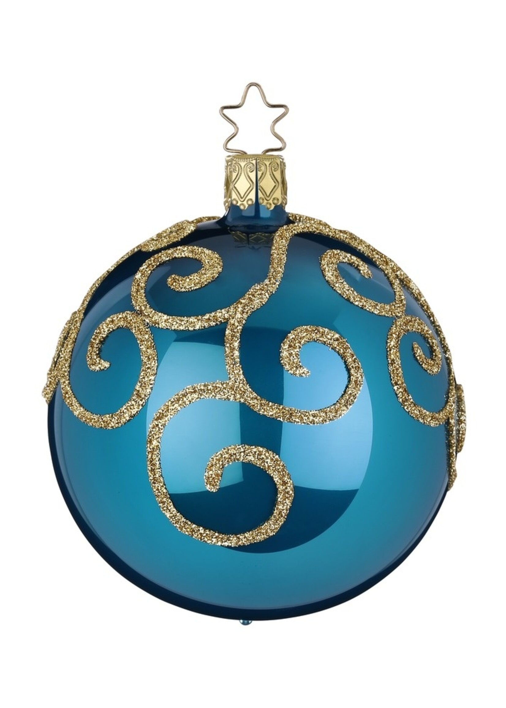 Inge Glas Manufaktur Hemels blauwe kerstbal opaal met gouden engelenkrullen  8 cm - handgemaakt in Duitsland