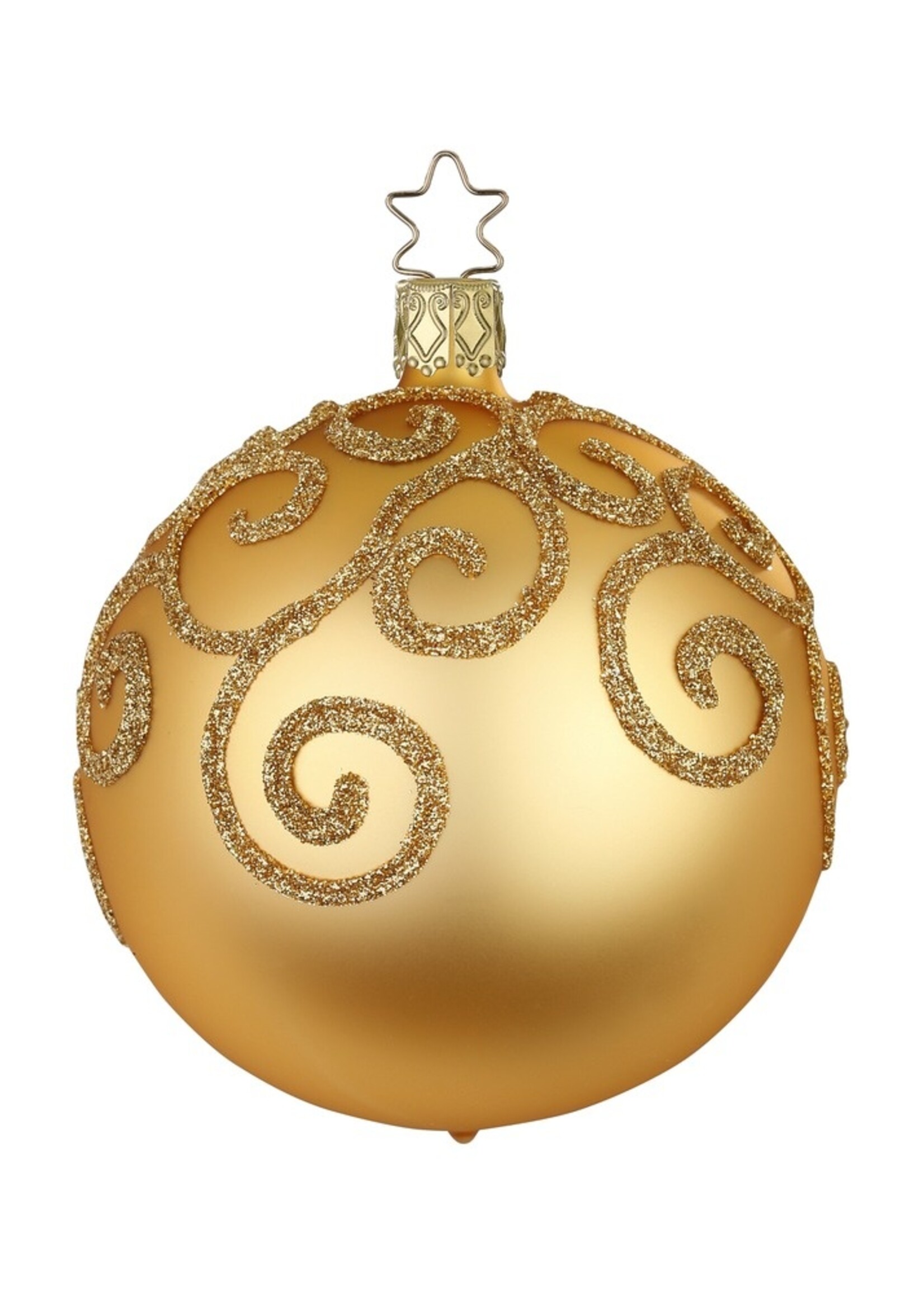 Inge Glas Manufaktur Inka gouden, matte kerstbal met gouden engelenkrullen  8 cm - handgemaakt in Duitsland