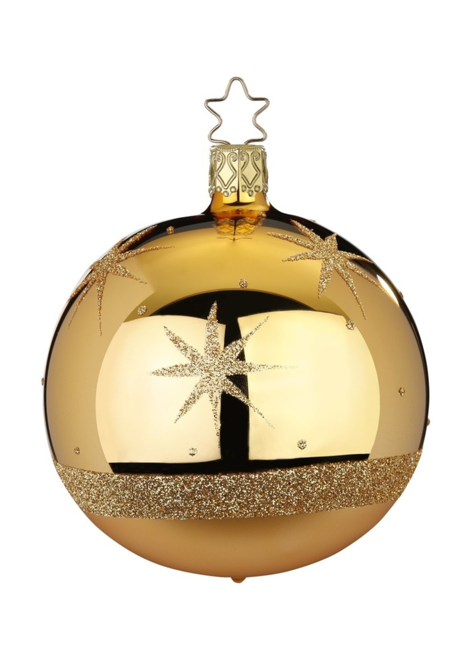 Inge Glas Manufaktur Gouden glanzende kerstbal met gouden glitter sterren  8 cm - handgemaakt in Duitsland