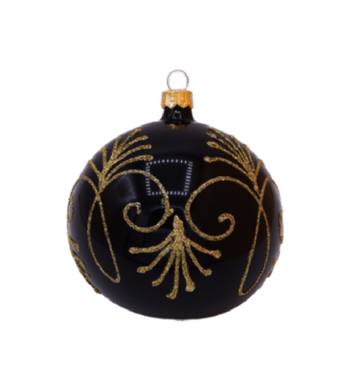 Kerstbal zwart glans met gouden glitter decoratie 8 cm - set van 3