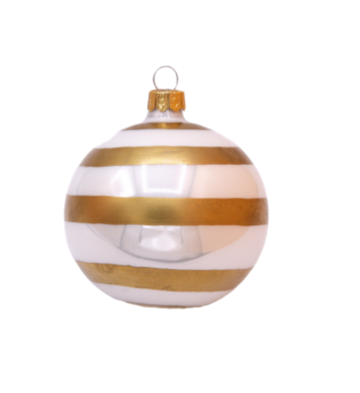 Kerstbal glanzend wit met gouden matte streep decoratie 8 cm - set van 3