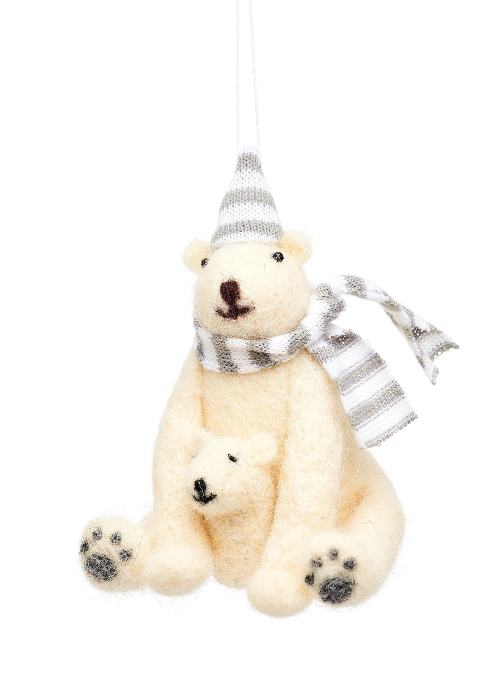 Sass & Belle ijsbeer met baby vilten kerstboomhanger 11.5 cm