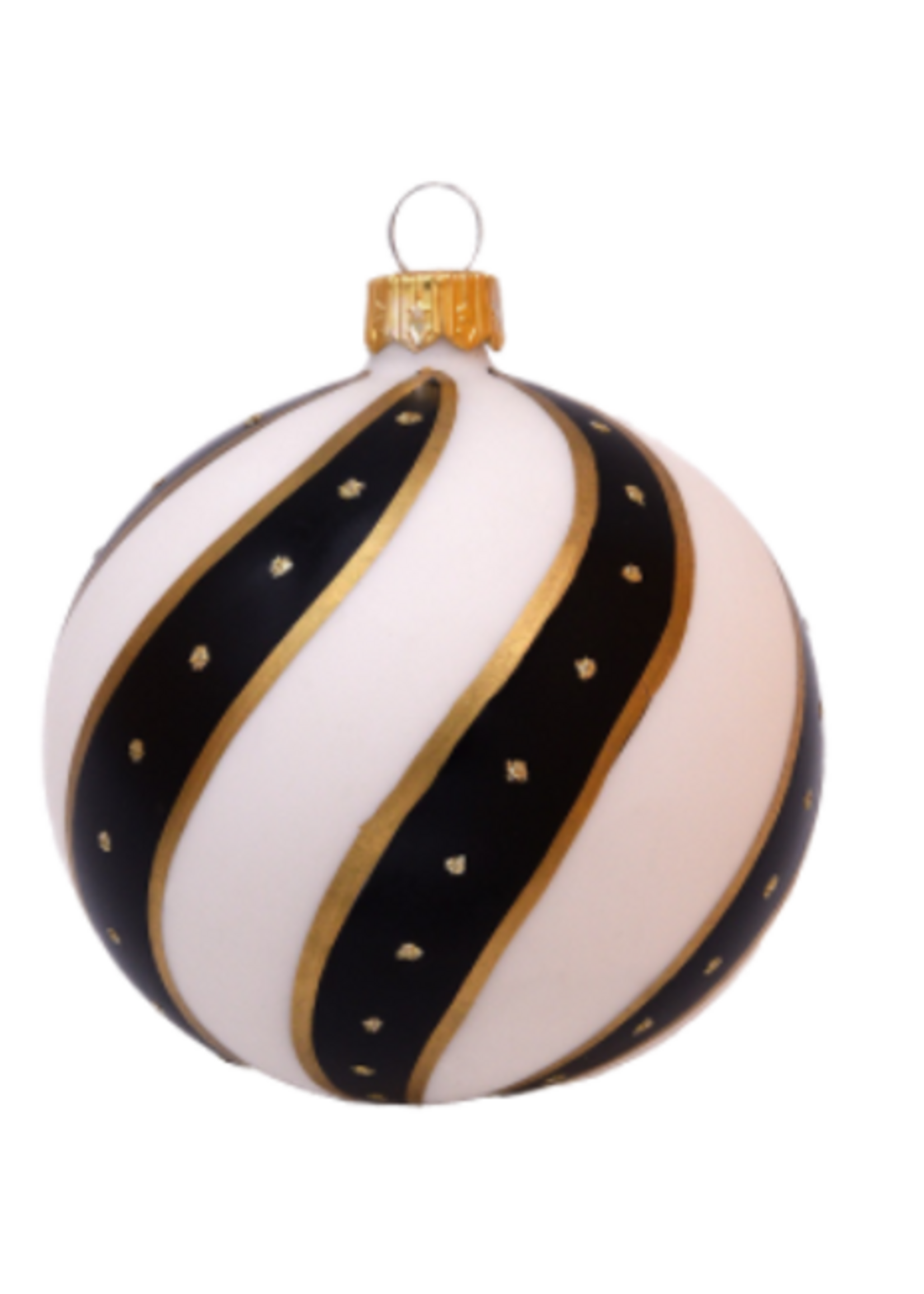 Set van 3 matte kerstballen zwart wit twisted met gedraaide lijn decoratie en gouden accenten 8 cm