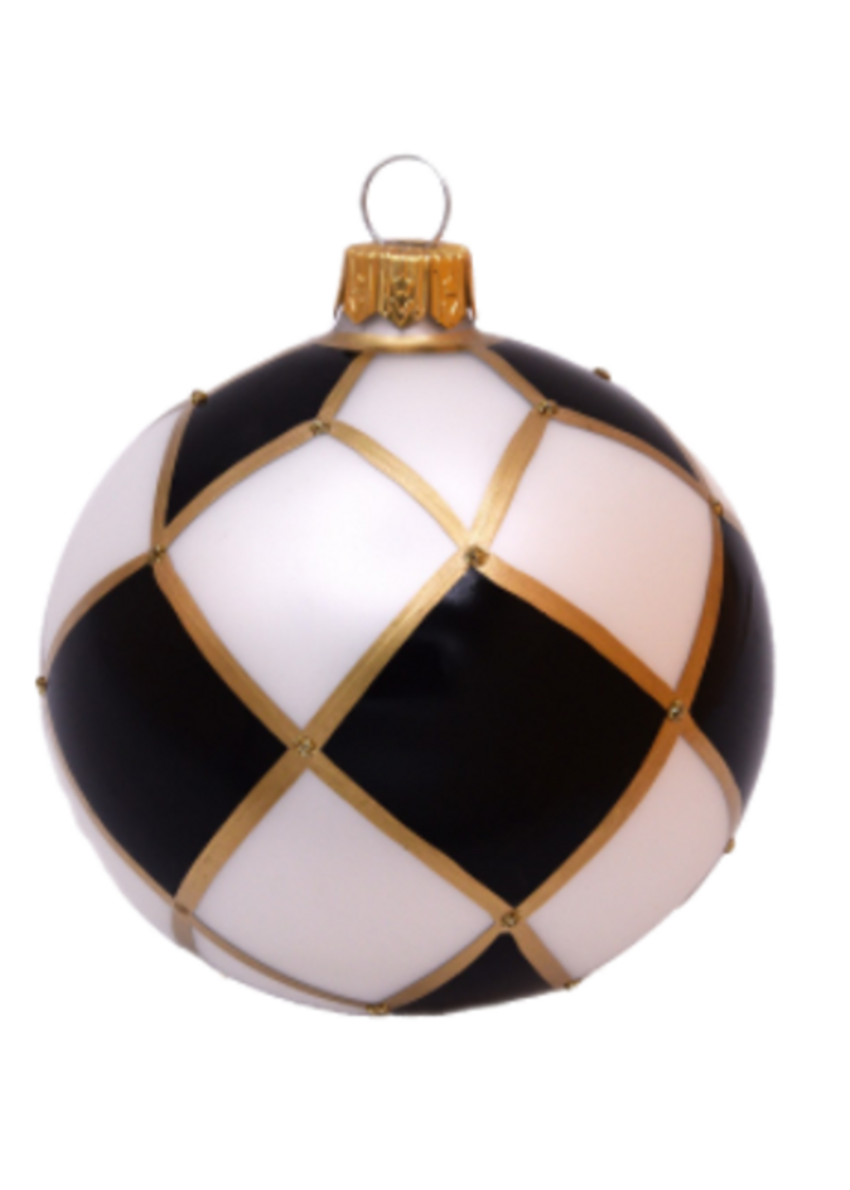 Set van 3 matte kerstballen zwart wit met gouden ruitennet decoratie en gouden glitter accenten 8 cm