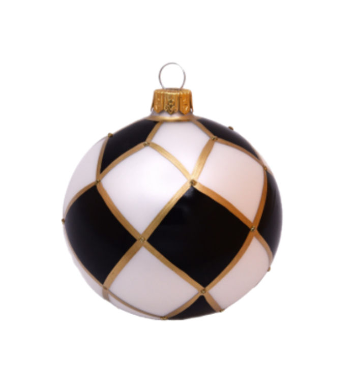 Set van 3 matte kerstballen zwart wit met gouden ruitennet decoratie en gouden glitter accenten 8 cm