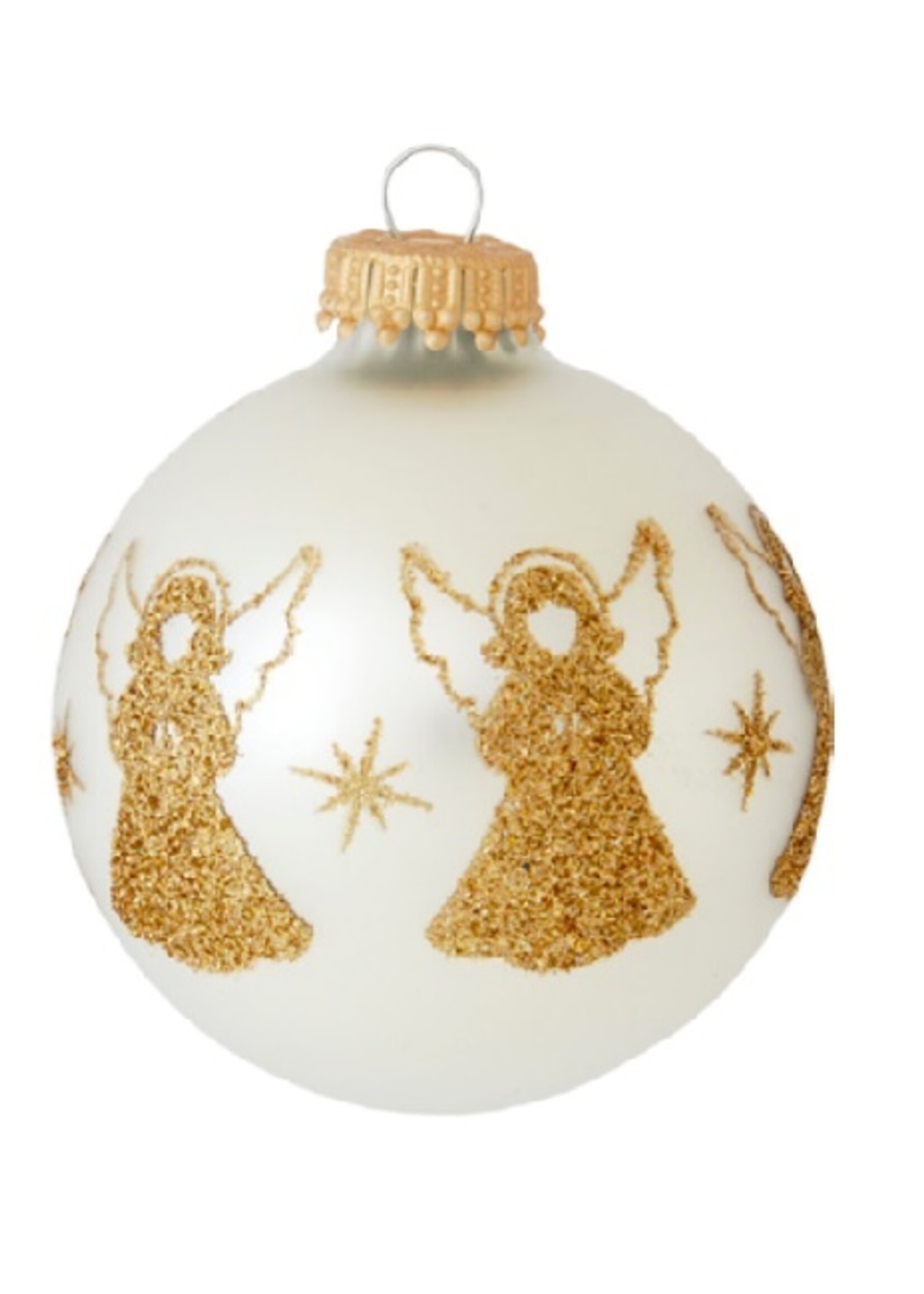 Doosje van 4 mat zilveren kerstballen (glas) met schattige gouden glitter engeltjes 7 cm