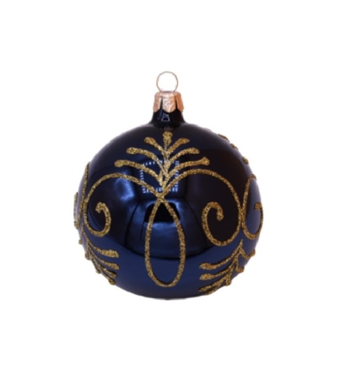 Kerstbal blauw glans met gouden glitter decoratie 8 cm - set van 3