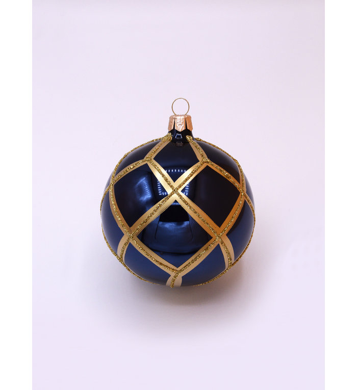 Set van 3 glanzende kerstballen donkerblauw met gouden glitter ruitennet decoratie 8 cm