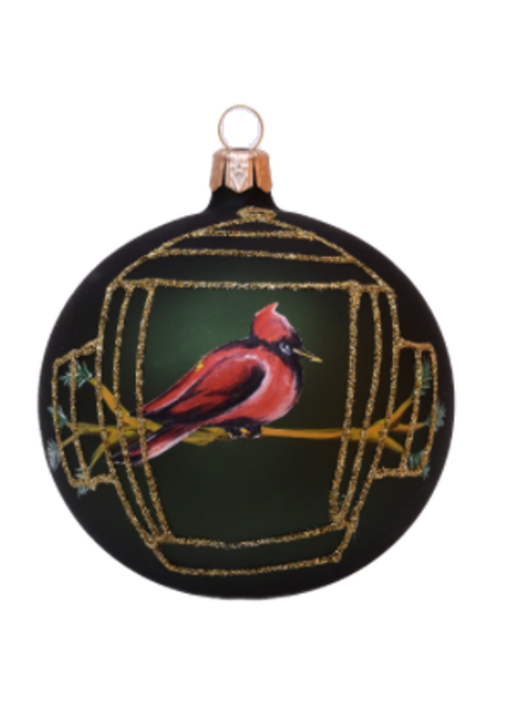 Mat groene kerstbal (glas) met rode vogel maat 8 cm