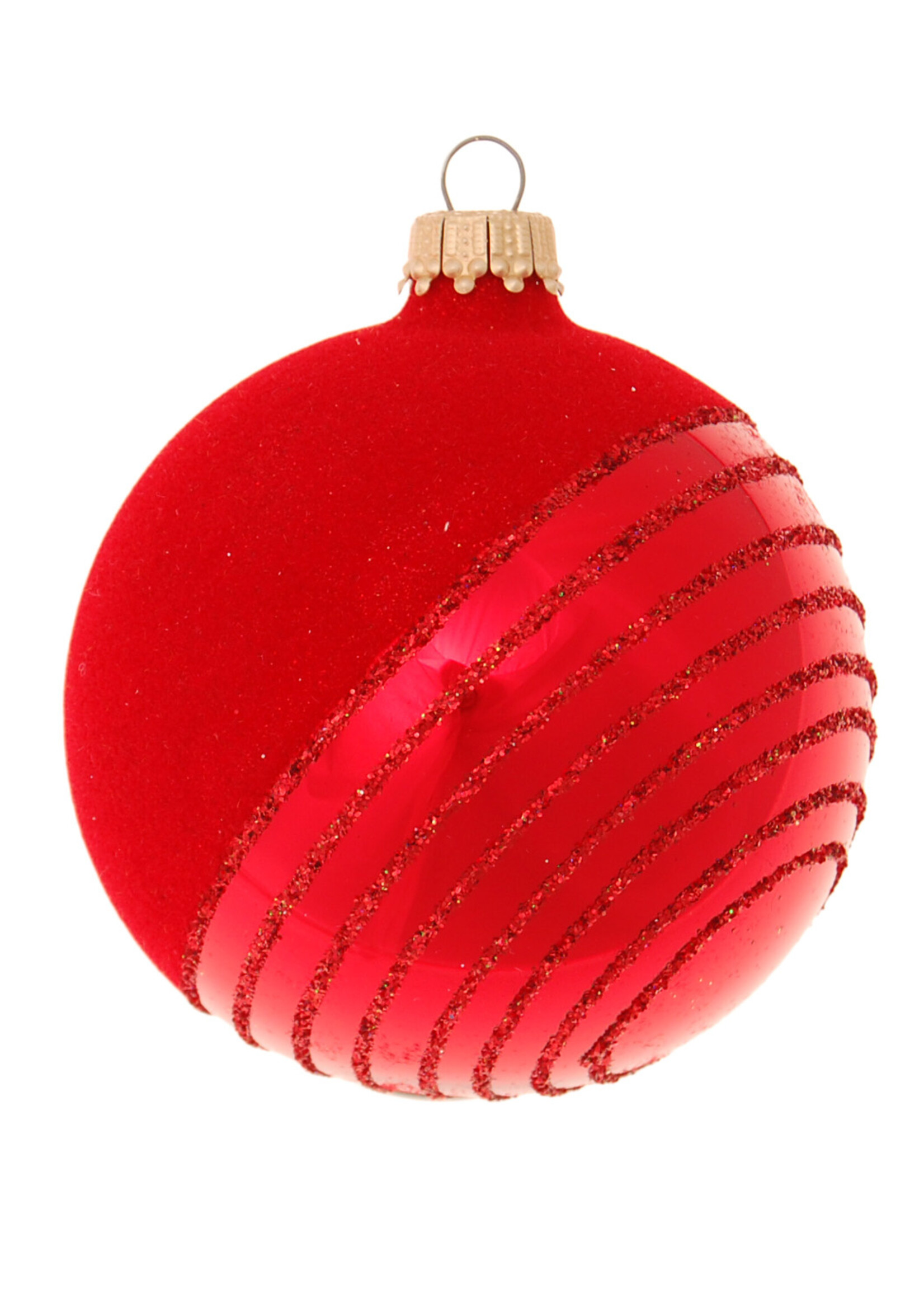 Krebs Glas Lauscha Glazen kerstbal rood met diagonale glitter lijnen 8 cm