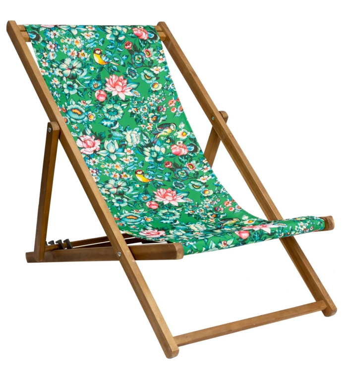 Vent de Bohème  tuinstoel - ligstoel - strandstoel van acaciahout met bloem en vogeltjes motief Nila Groen